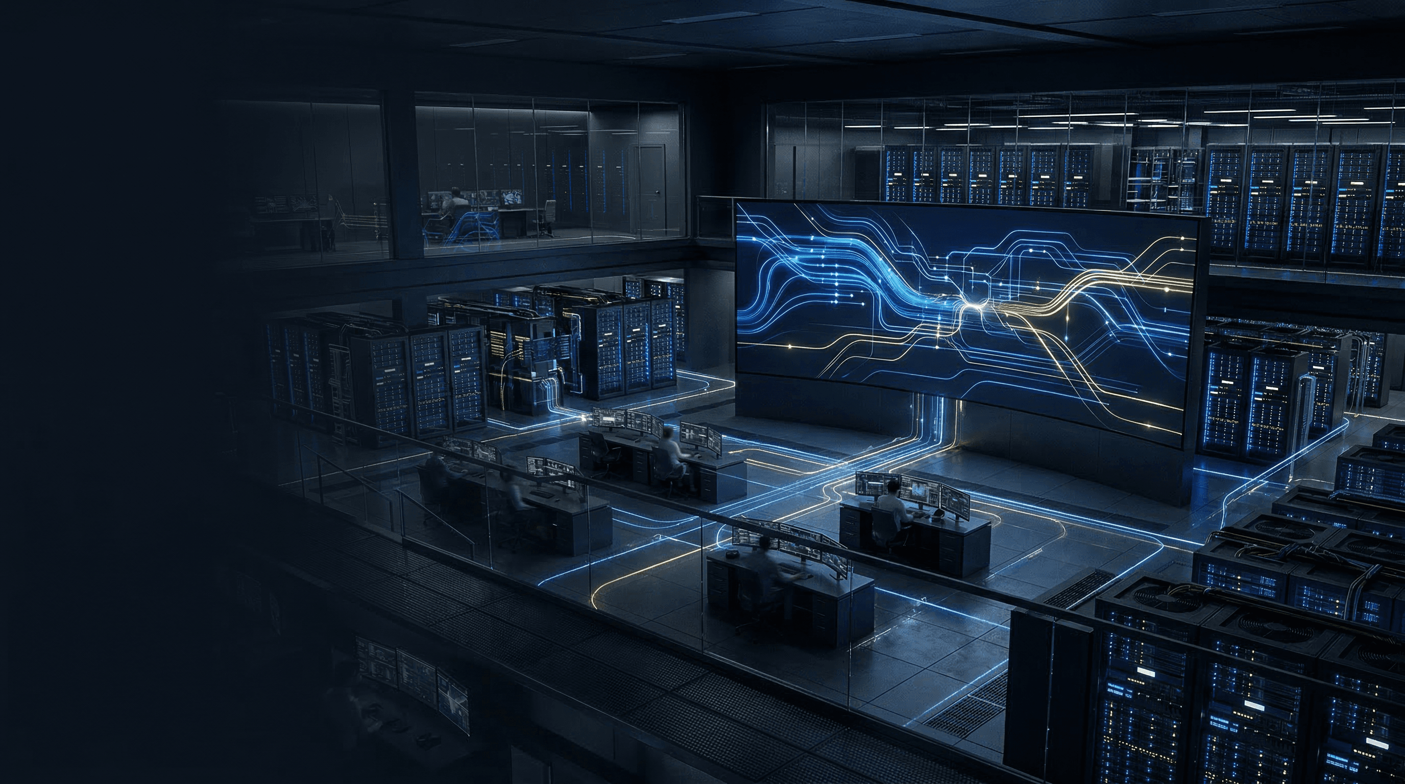 Realistic cloud-operations command center showing orchestration signals across servers and remediation control surfaces.
