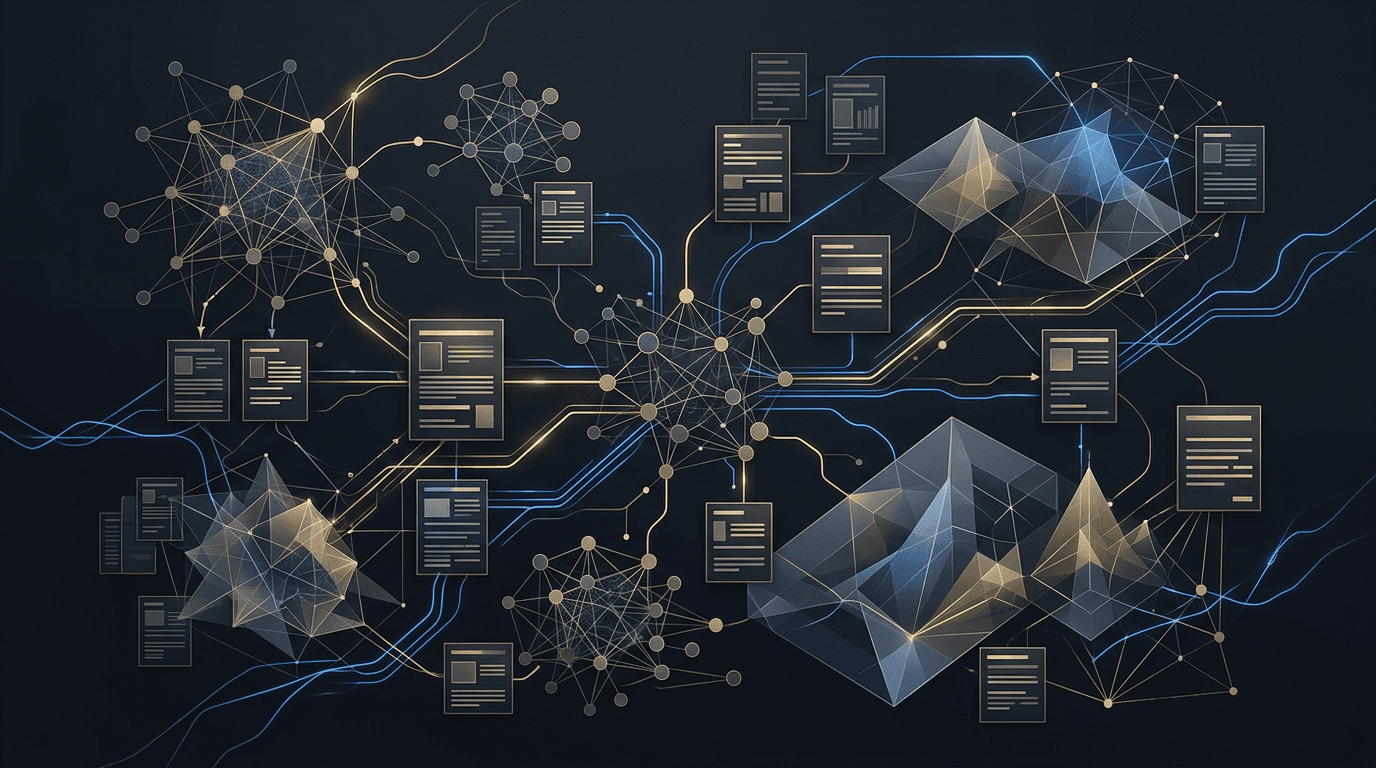 Research systems visual showing connected nodes, document clusters, and knowledge-routing structure.