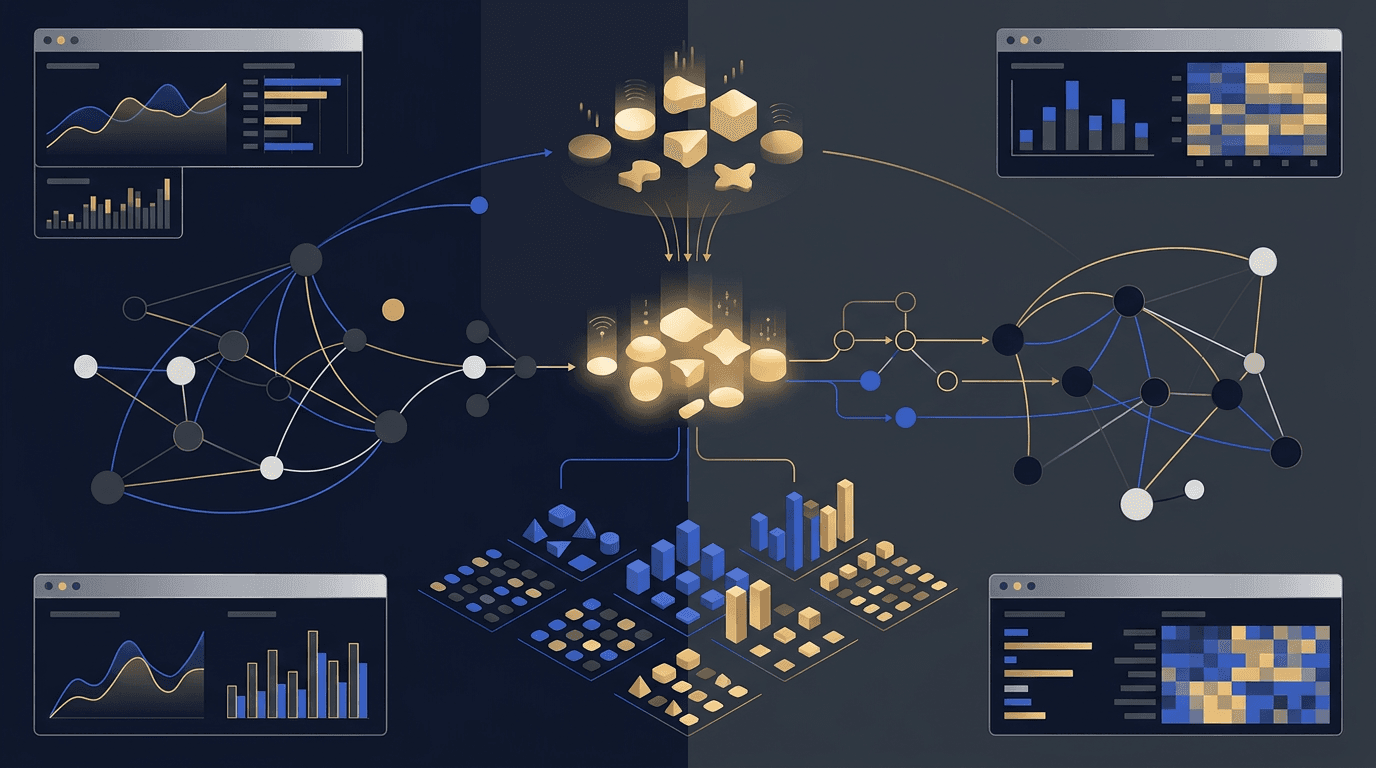 Vector retrieval visual showing a query surface routing into ranked result clusters and observability signals.