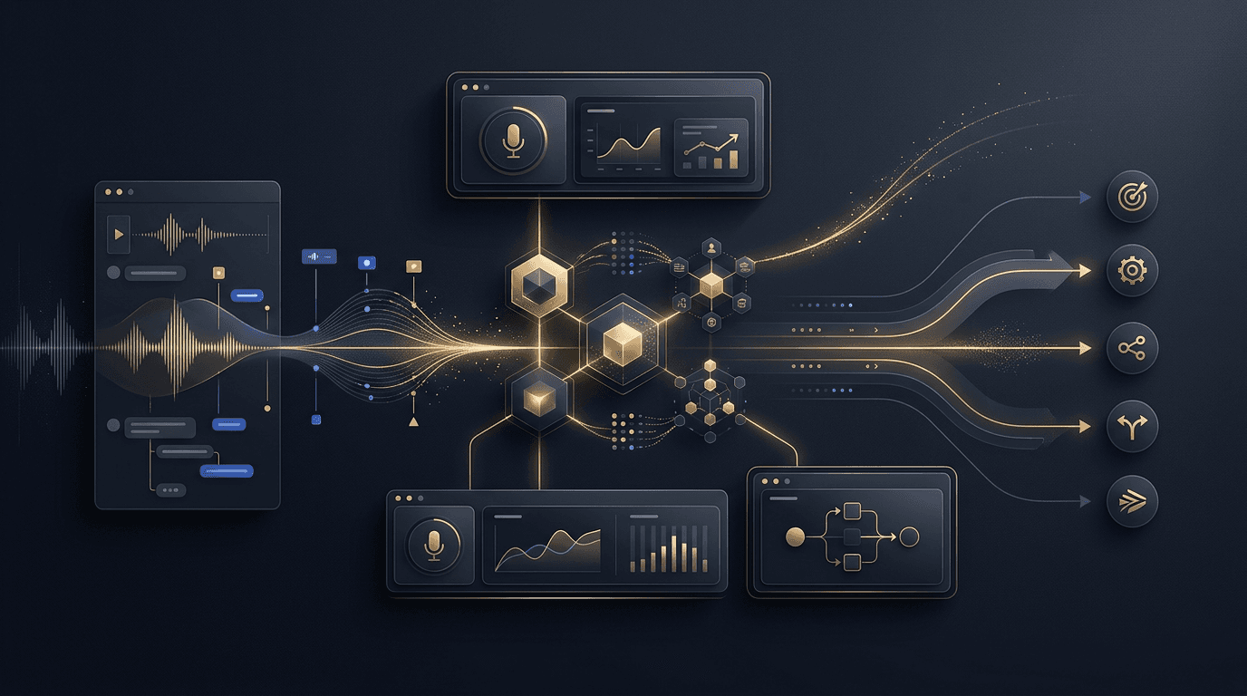 Voice-system visual showing communication capture, structured output, and workflow-ready artifact generation inside one product shell.