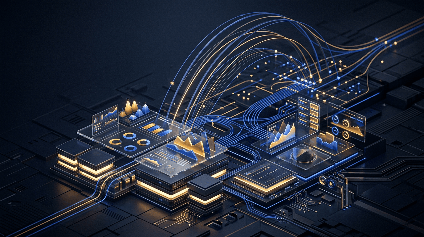 Flagship proof visual showing delivery arcs, operating metrics, and editorial case-study surfaces built into one enterprise system.